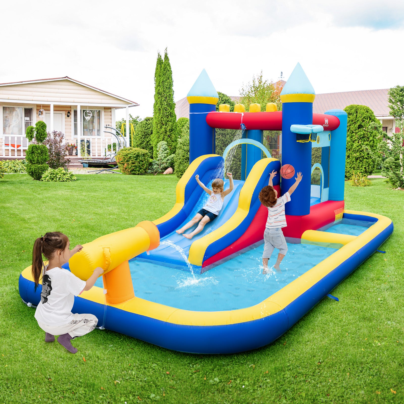 6-in-1 Inflatable Water Castle Bouncer with 50 Ocean Balls & 735W Blower Q2116