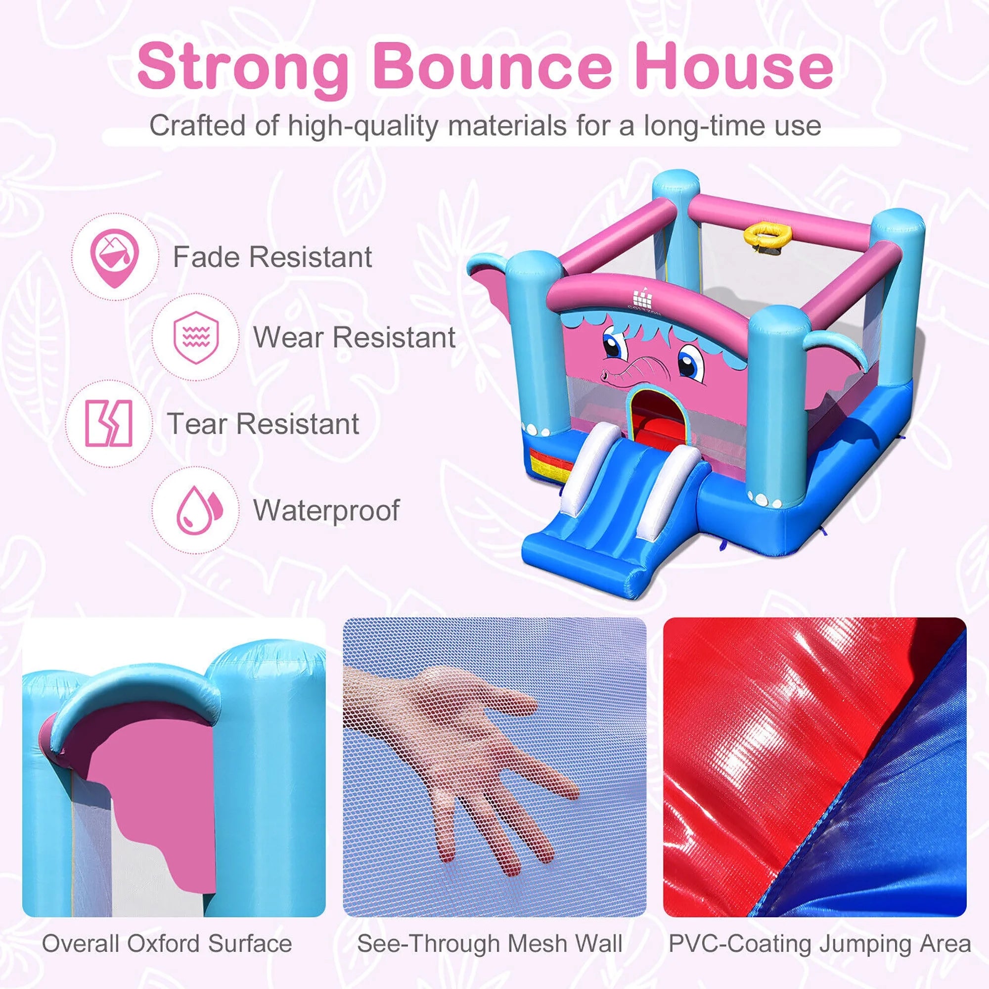 Inflatable Bounce House 3-in-1 Elephant Theme Castle with 750W Blower G14547