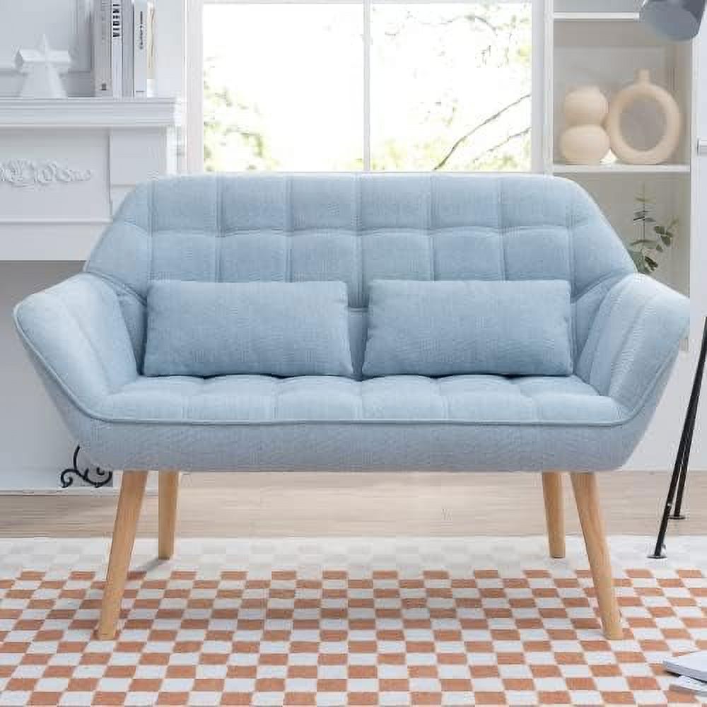 Blue Linen Fabric 2-Seat Loveseat Sofa with 2 Pillow O763