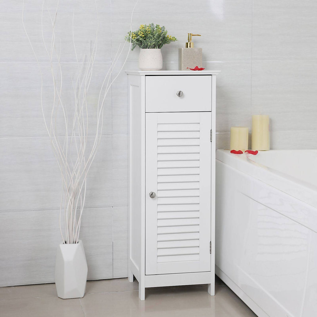 White Wooden Bathroom Floor Cabinet with Drawer and Single Shutter Door O71936