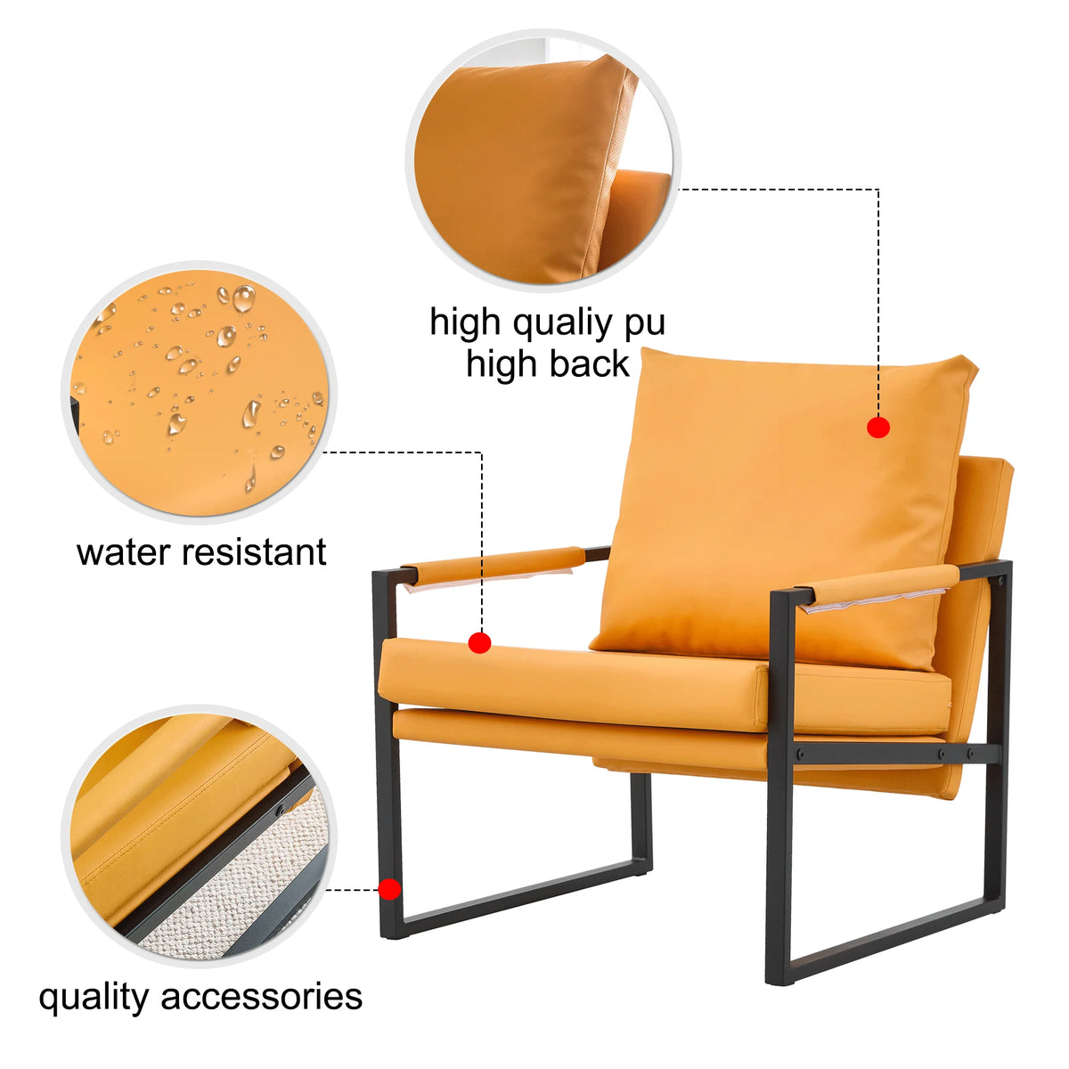 Orange PU Leather Accent Armchair with Metal Frame A932