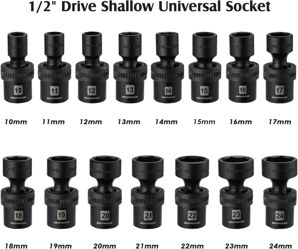 15-piece 1/2 Drive Shallow Universal Impact Socket Set, 6 Points, Metric, 10-24mm, Swivel Socket with Flexible Wobble, CR-MO, Heavy Duty Storage Case W755