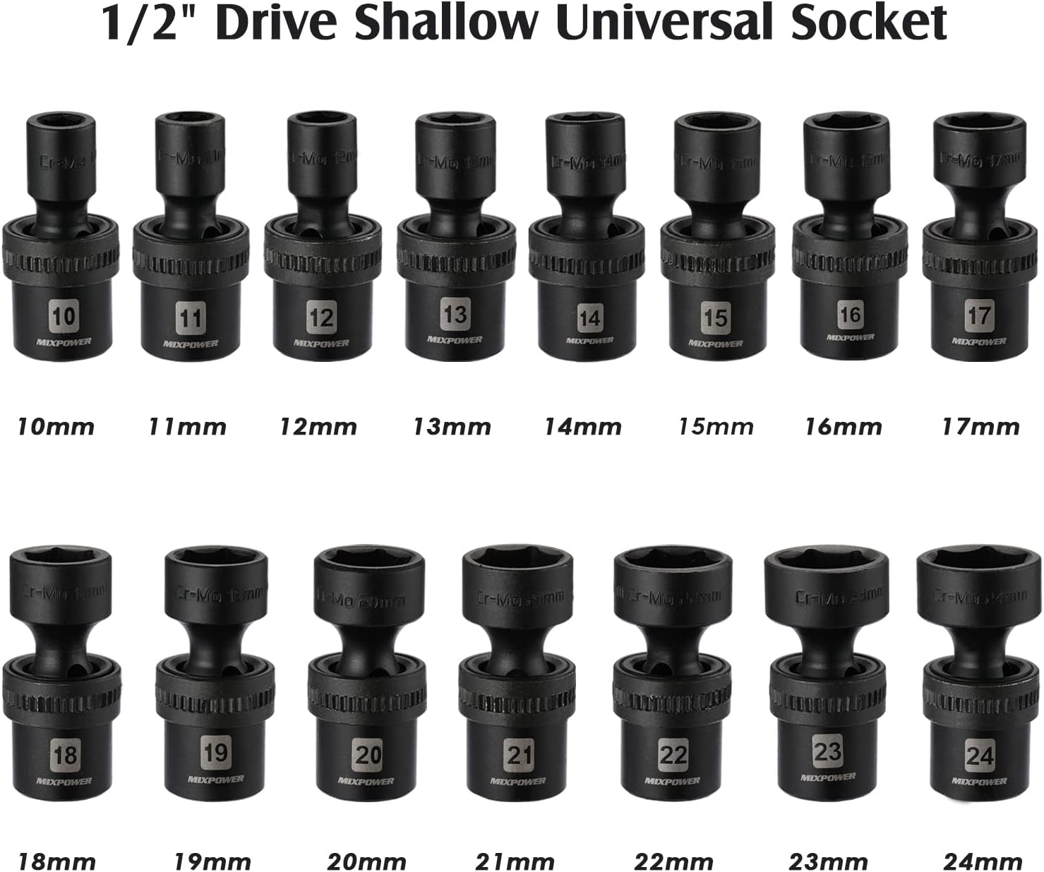 15-piece 1/2 Drive Shallow Universal Impact Socket Set, 6 Points, Metric, 10-24mm, Swivel Socket with Flexible Wobble, CR-MO, Heavy Duty Storage Case W755