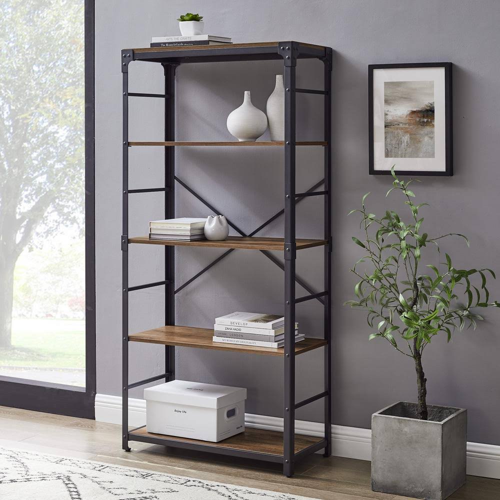 Rustic Oak/Black Metal 4-Shelf Etagere Bookcase J443915