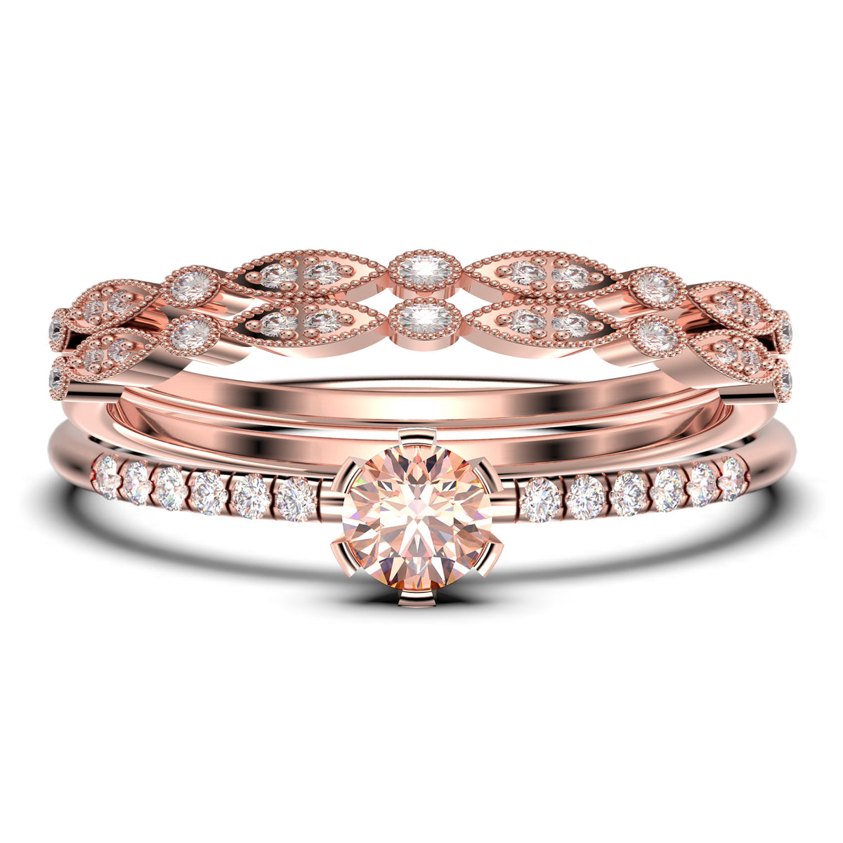 1.55 Carat Round Cut Morganite And Diamond Moissanite Engagement Ring Trio Set in 925 Sterling Silver With 18k Rose Gold Plating K695336
