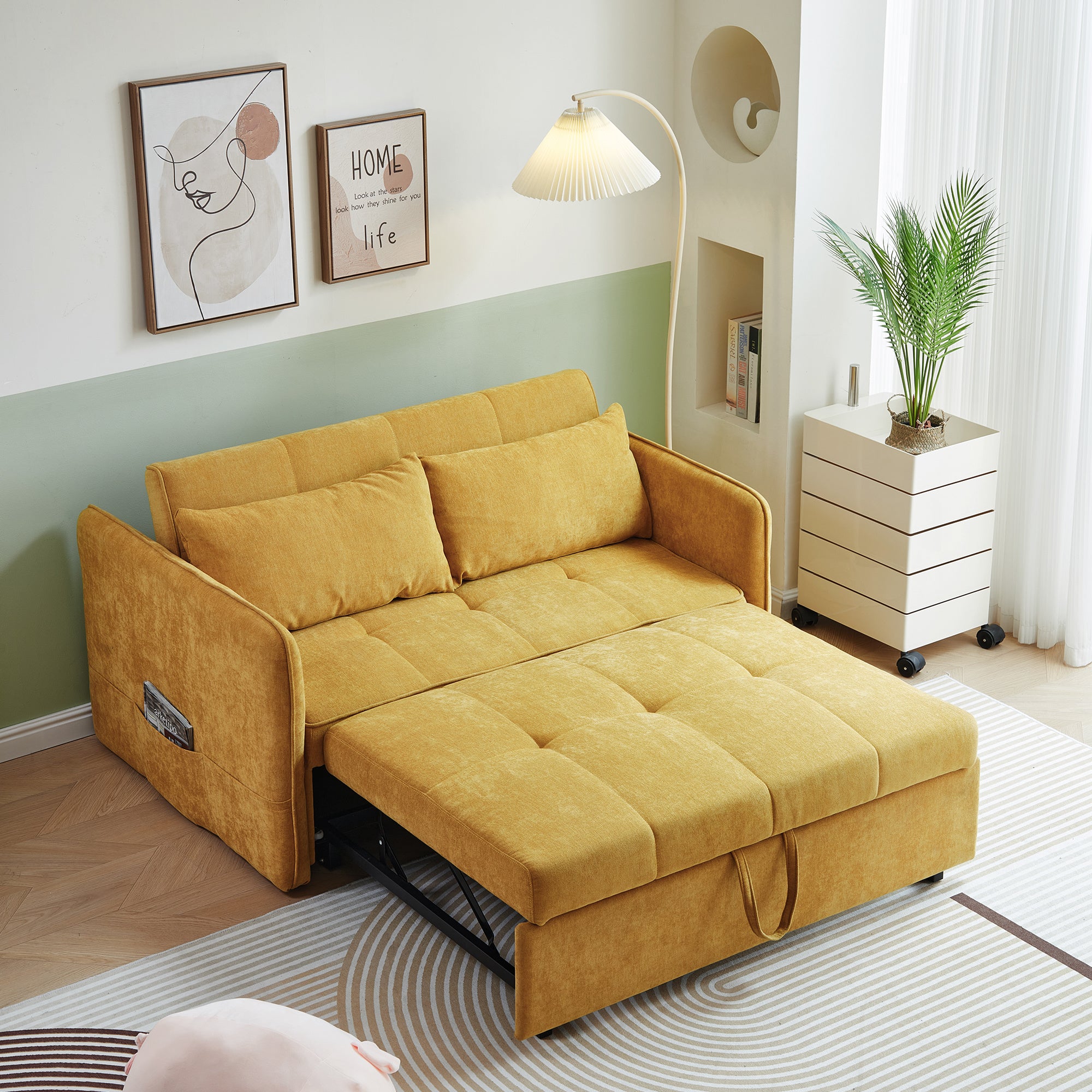 Yellow Chenille Sofa Bed with Adjustable Armrests X666