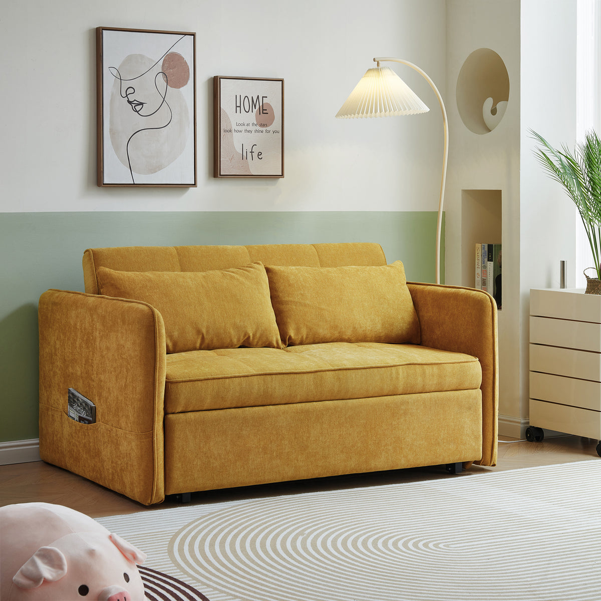 Yellow Chenille Sofa Bed with Adjustable Armrests X666