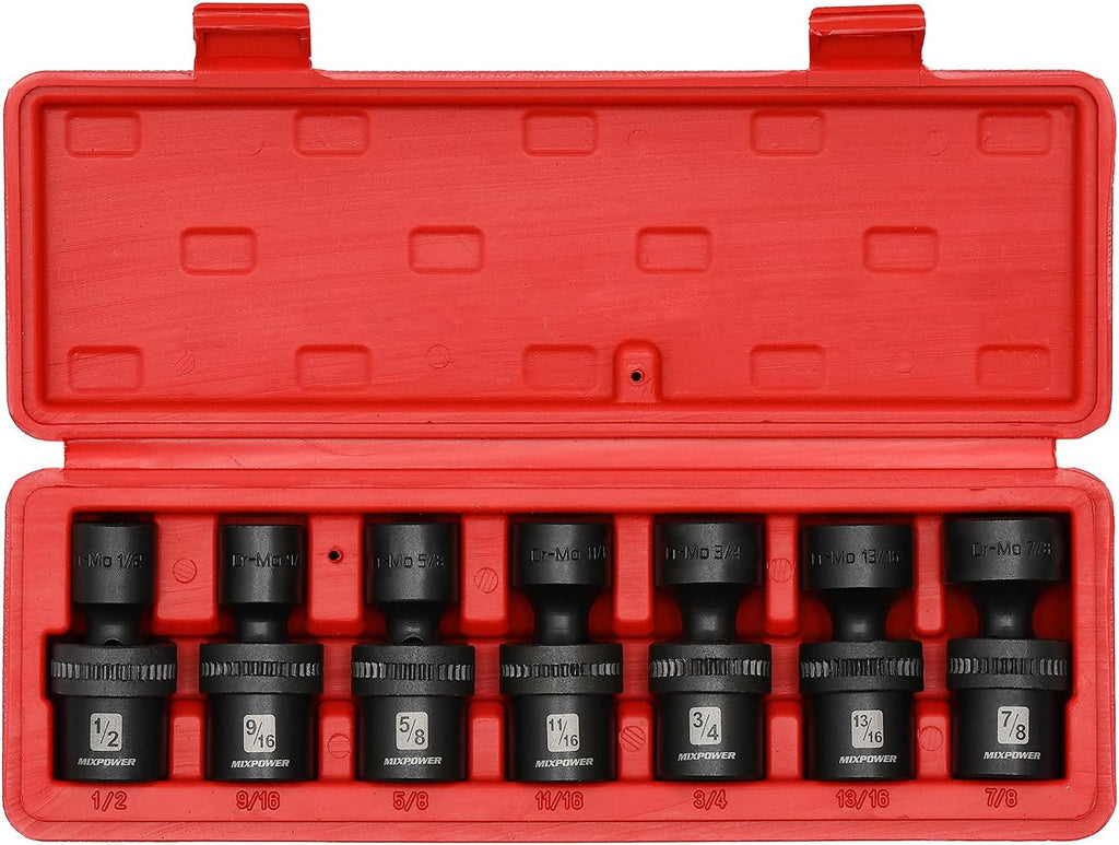 15-piece 1/2 Drive Shallow Universal Impact Socket Set, 6 Points, Metric, 10-24mm, Swivel Socket with Flexible Wobble, CR-MO, Heavy Duty Storage Case W755