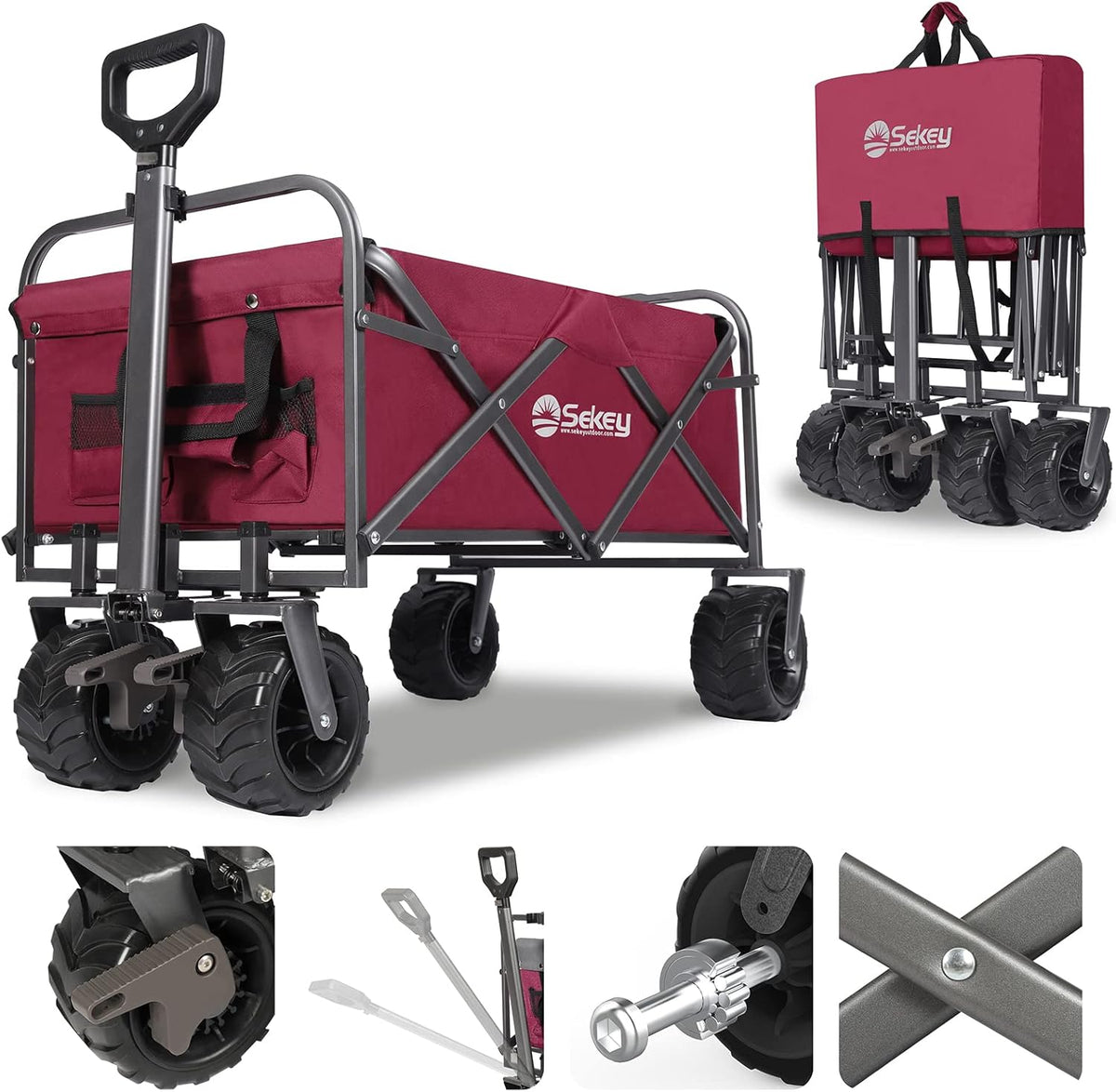 Red Collapsible Folding Wagon Cart with Brake, All Terrain Wheels Q642