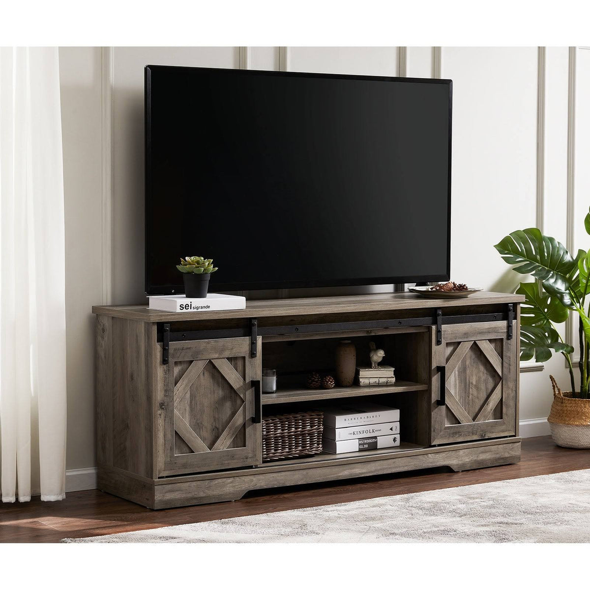 Rustic Grey Wash Wood TV Stand Storage Cabinet H76144