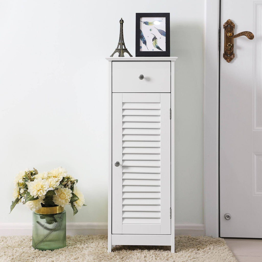 White Wooden Bathroom Floor Cabinet with Drawer and Single Shutter Door O71936
