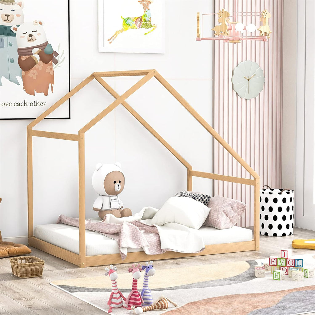 White Wood Twin Size House Bed Frame with Trundle X964612