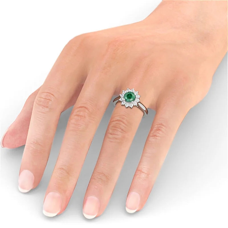 14K White Gold Floral Halo Round Cut Diamond Engagement Ring H509902