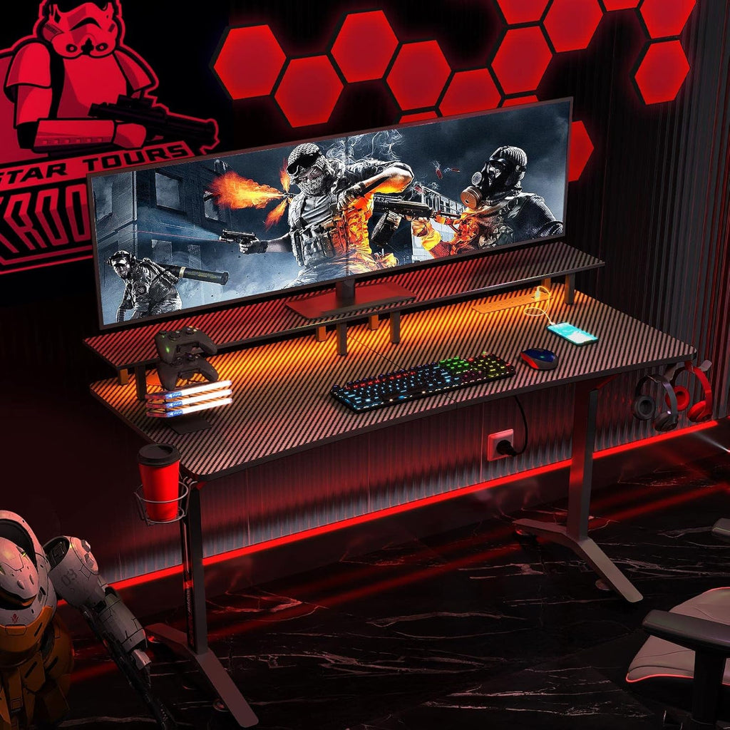 Gaming Desk with LED Strip & Power Outlets, Carbon Fiber Surface Computer Desk with Full Desk Mouse Pad E973605