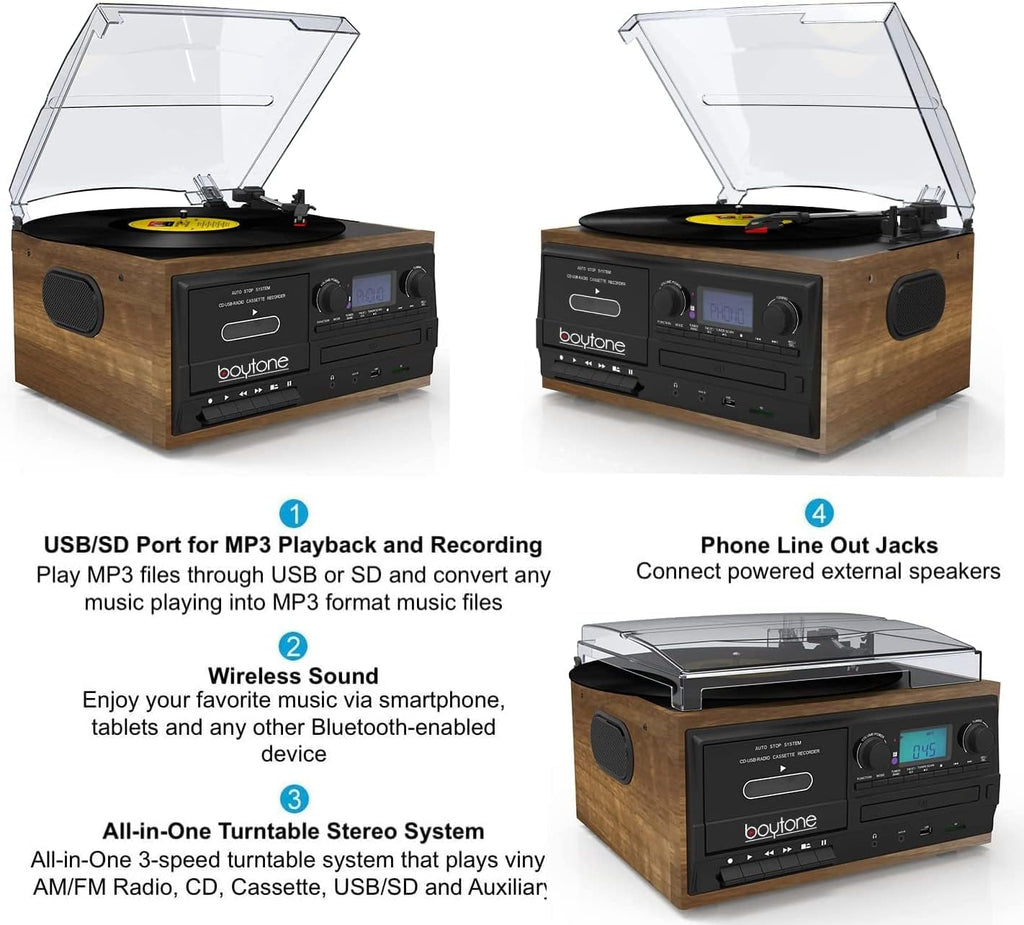 Bluetooth Record Player Turntable with AM/FM Radio, Cassette, CD Player, 2 Built in Speaker, SD Slot, USB, AUX F835739