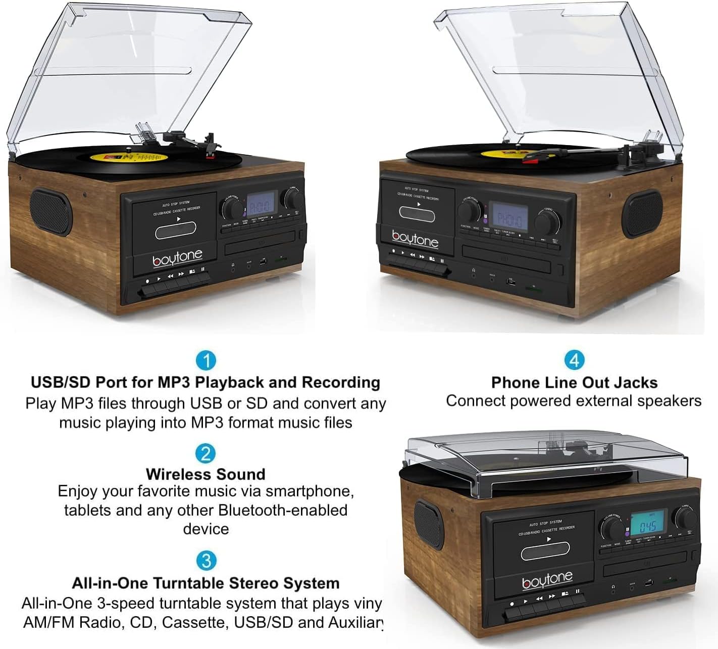 Bluetooth Record Player Turntable with AM/FM Radio, Cassette, CD Player, 2 Built in Speaker, SD Slot, USB, AUX F835739