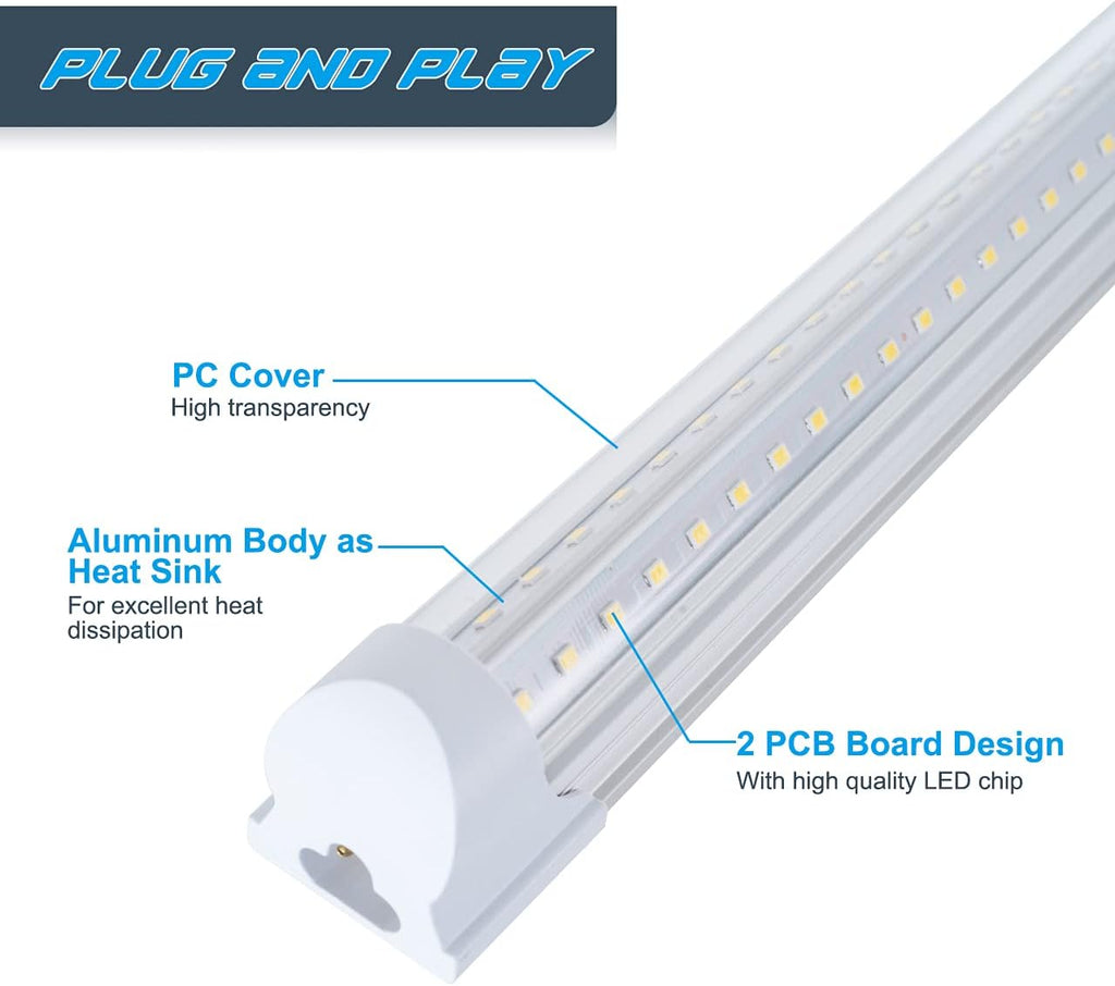 6 Pack 4FT 40W Integrated V Shaped LED Shop Light, Linkable White Daylight 6000k, On/Off Switch Cable Clear Cover U9984