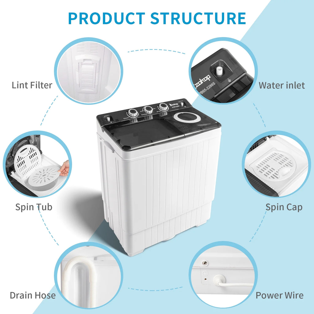 Semi-automatic Twin Tub Washing Machine with Built-in Drain Pump, 26Lbs, White&Black U729347