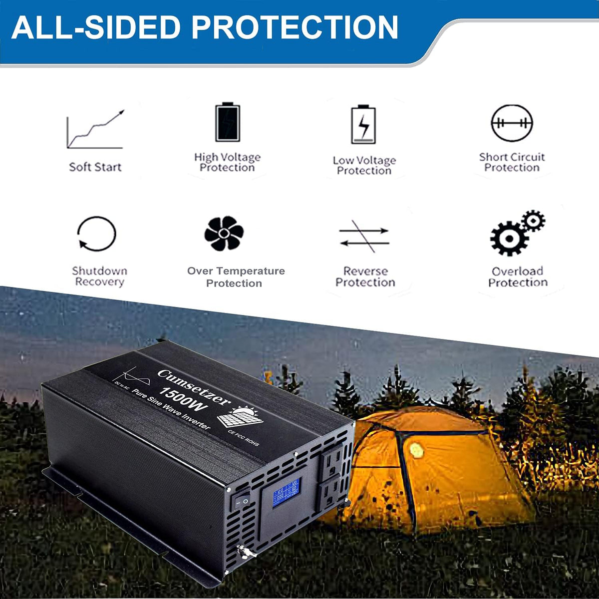 1500w 12v Pure Sine Wave Power Inverter DC to AC 110v 120v with Dual US Outlet and LCD Display J450