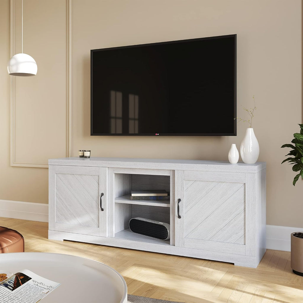 Farmhouse TV Stand with Two Shelves and Storage Cabinets A557