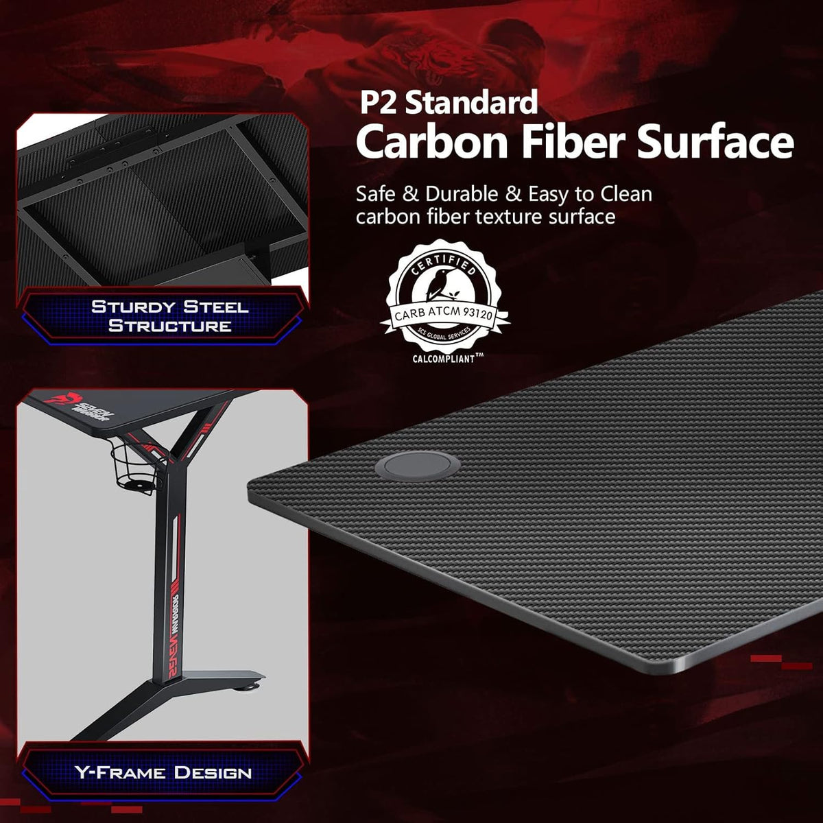 Gaming Desk with LED Strip & Power Outlets, Carbon Fiber Surface Computer Desk with Full Desk Mouse Pad E973605