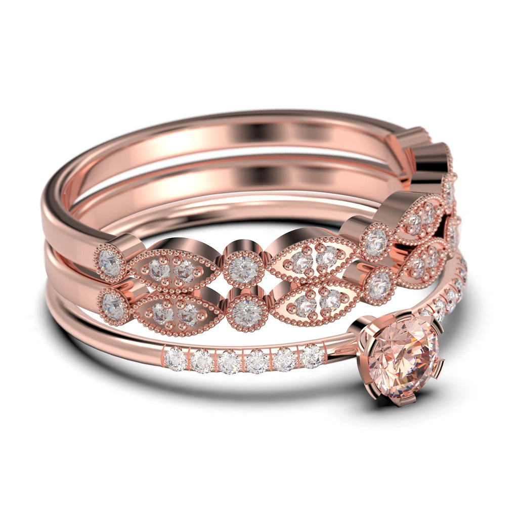 1.55 Carat Round Cut Morganite And Diamond Moissanite Engagement Ring Trio Set in 925 Sterling Silver With 18k Rose Gold Plating K695336
