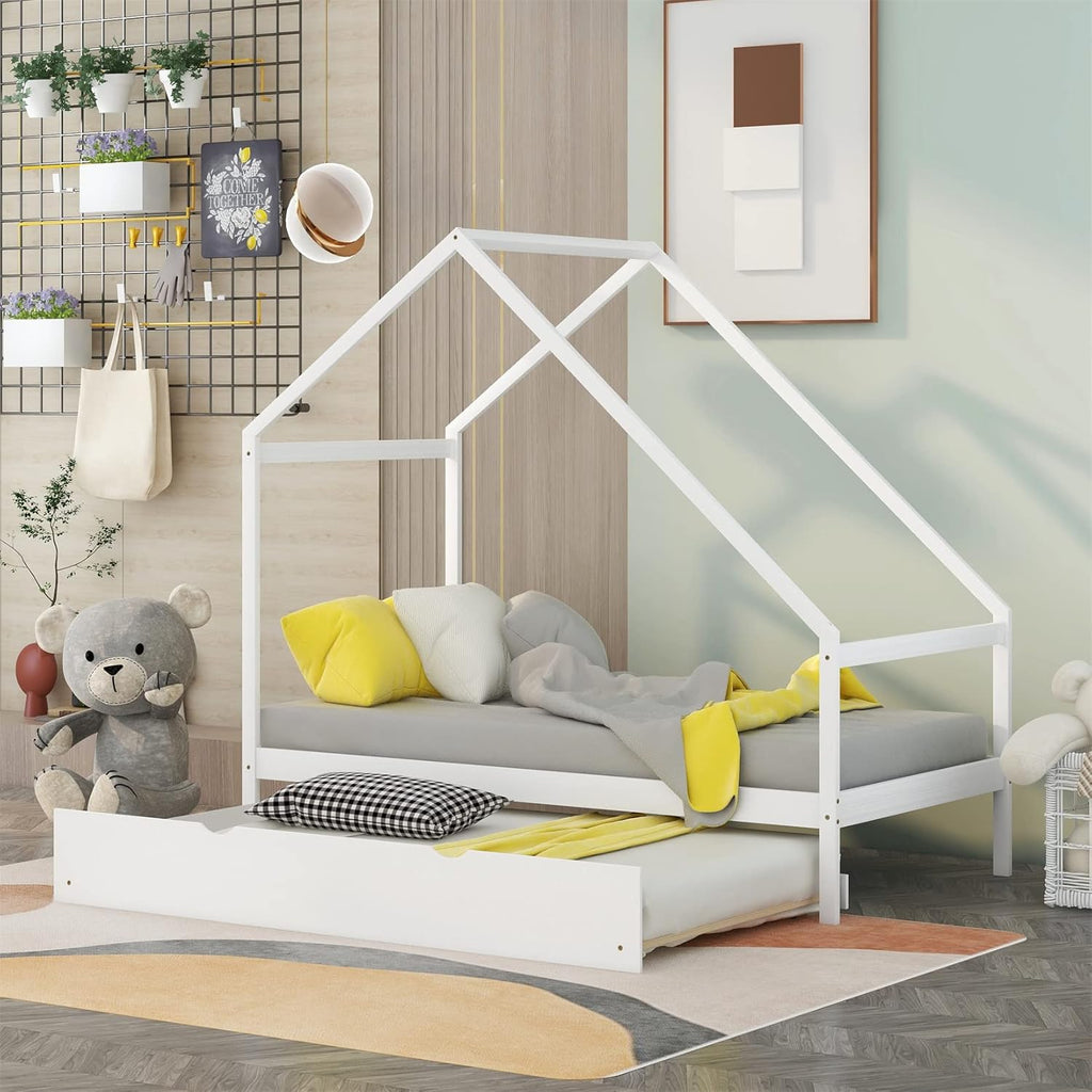 White Wood Twin Size House Bed Frame with Trundle X964612