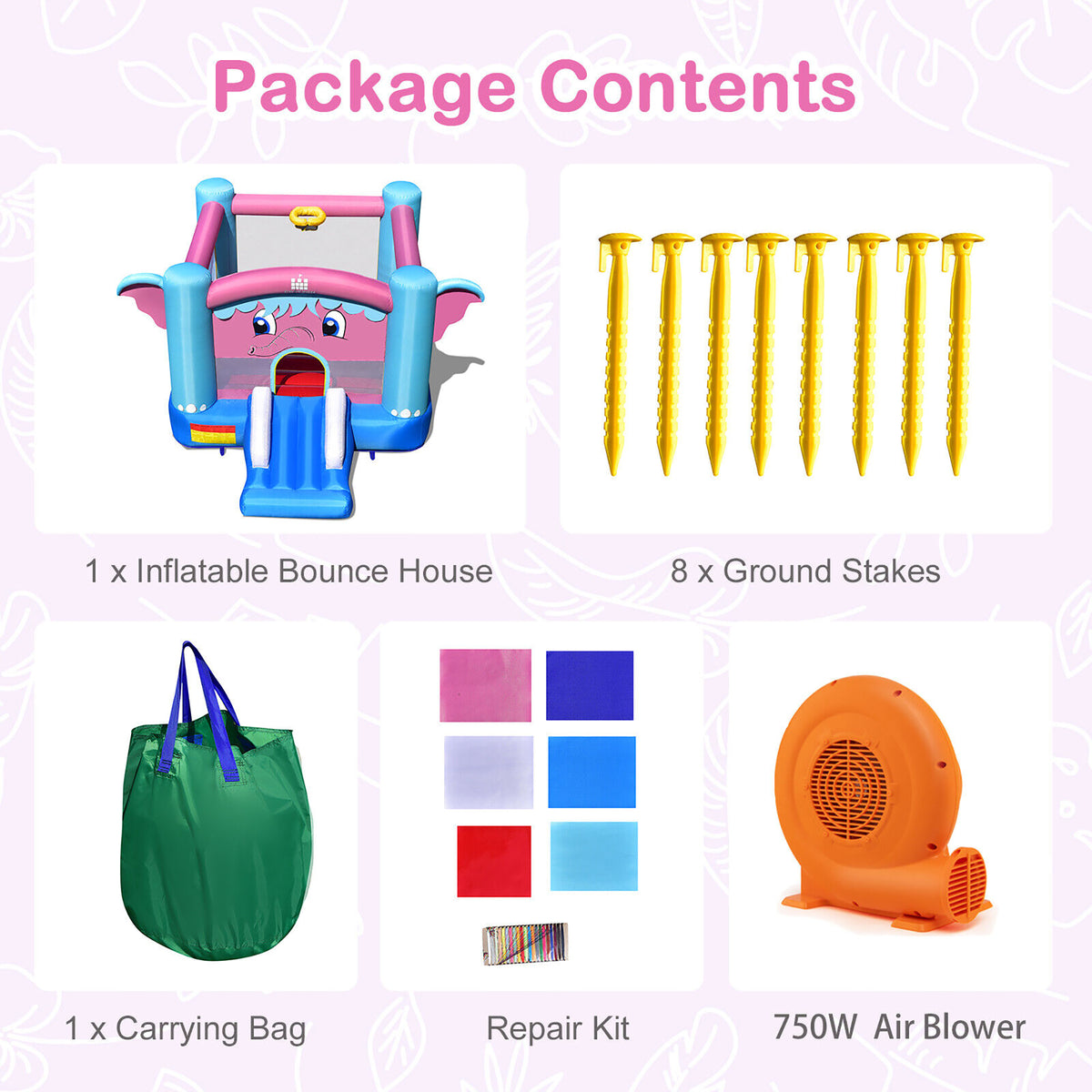 Inflatable Bounce House 3-in-1 Elephant Theme Castle with 750W Blower G14547
