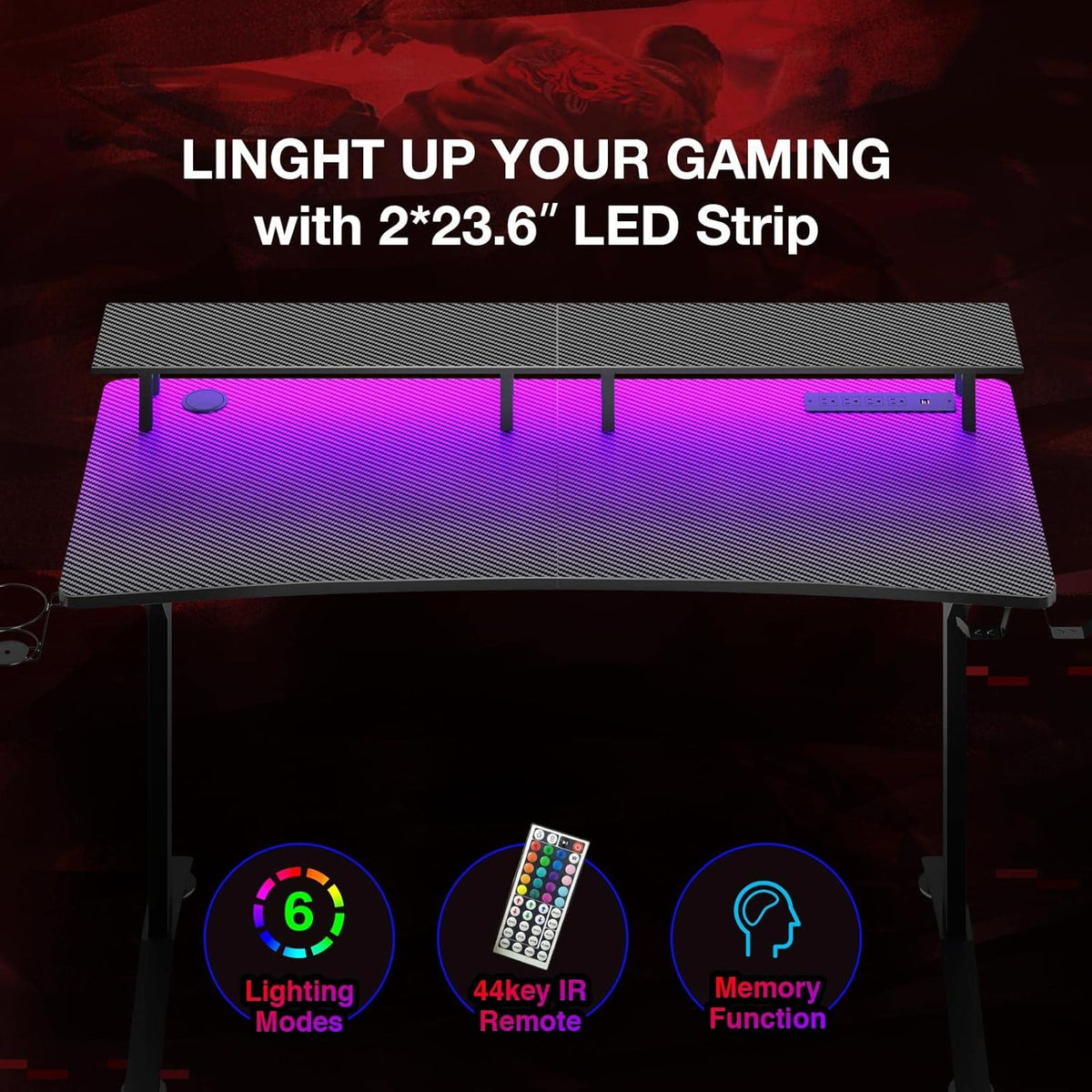 Gaming Desk with LED Strip & Power Outlets, Carbon Fiber Surface Computer Desk with Full Desk Mouse Pad E973605