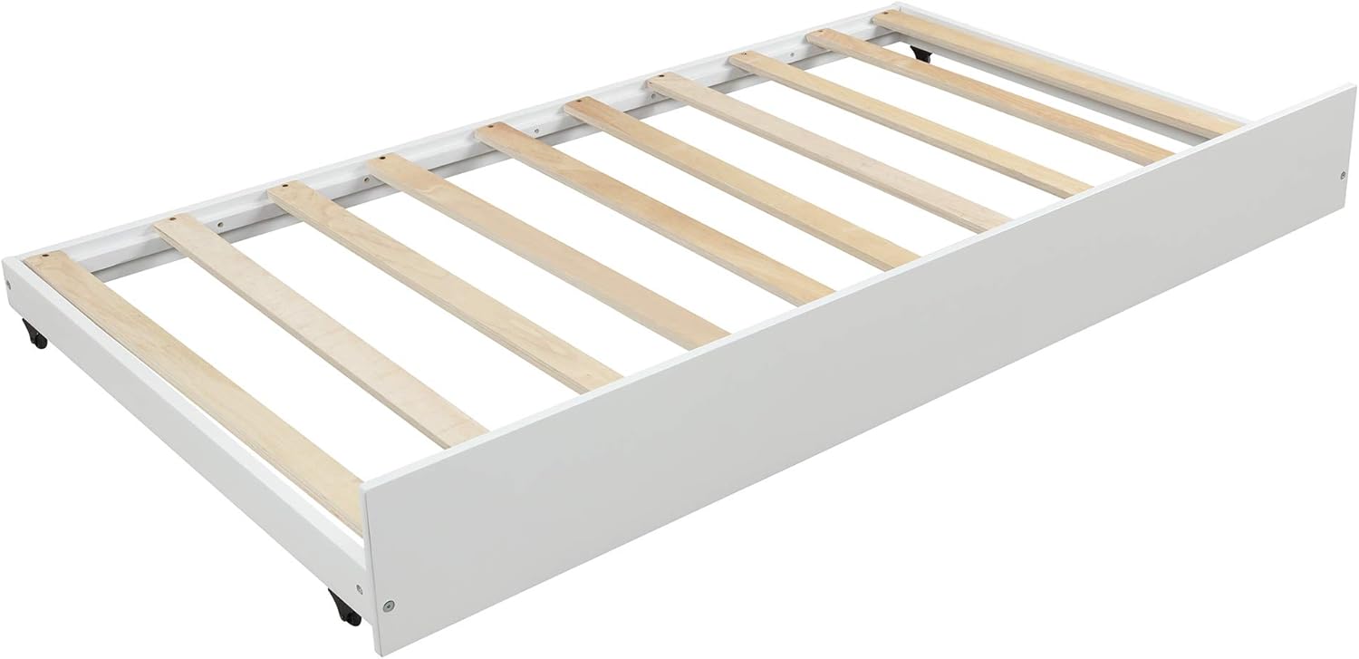 White Wood Twin Size House Bed Frame with Trundle E109