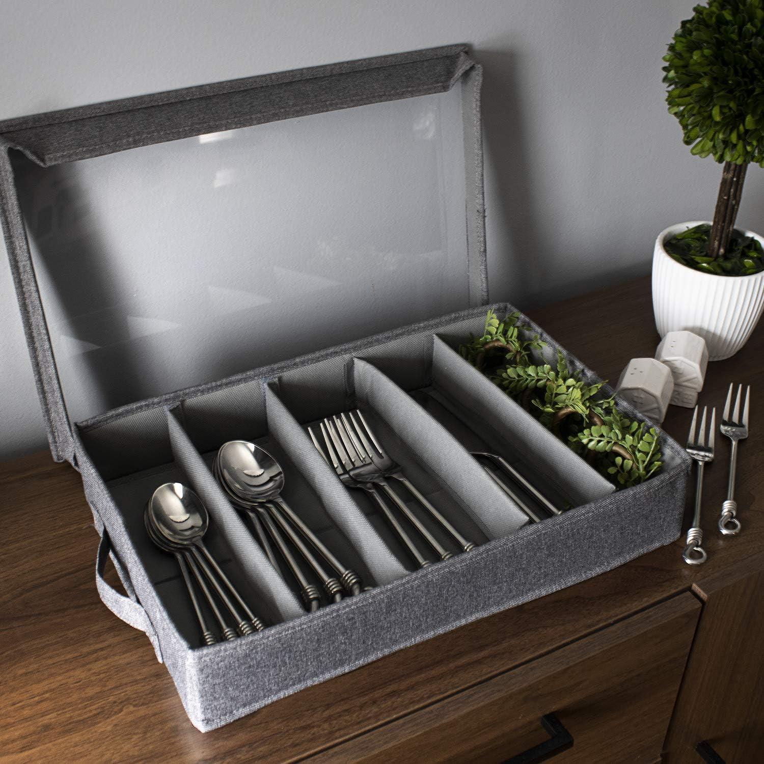Gray Flatware Storage Chest with Clear Lid V9926