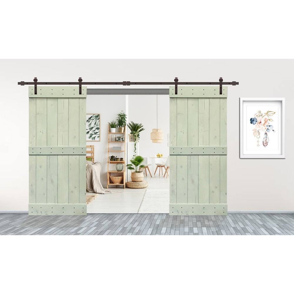 Sage Green Stained Solid Pine Wood Interior Double Sliding Barn Door with Hardware Kit D564
