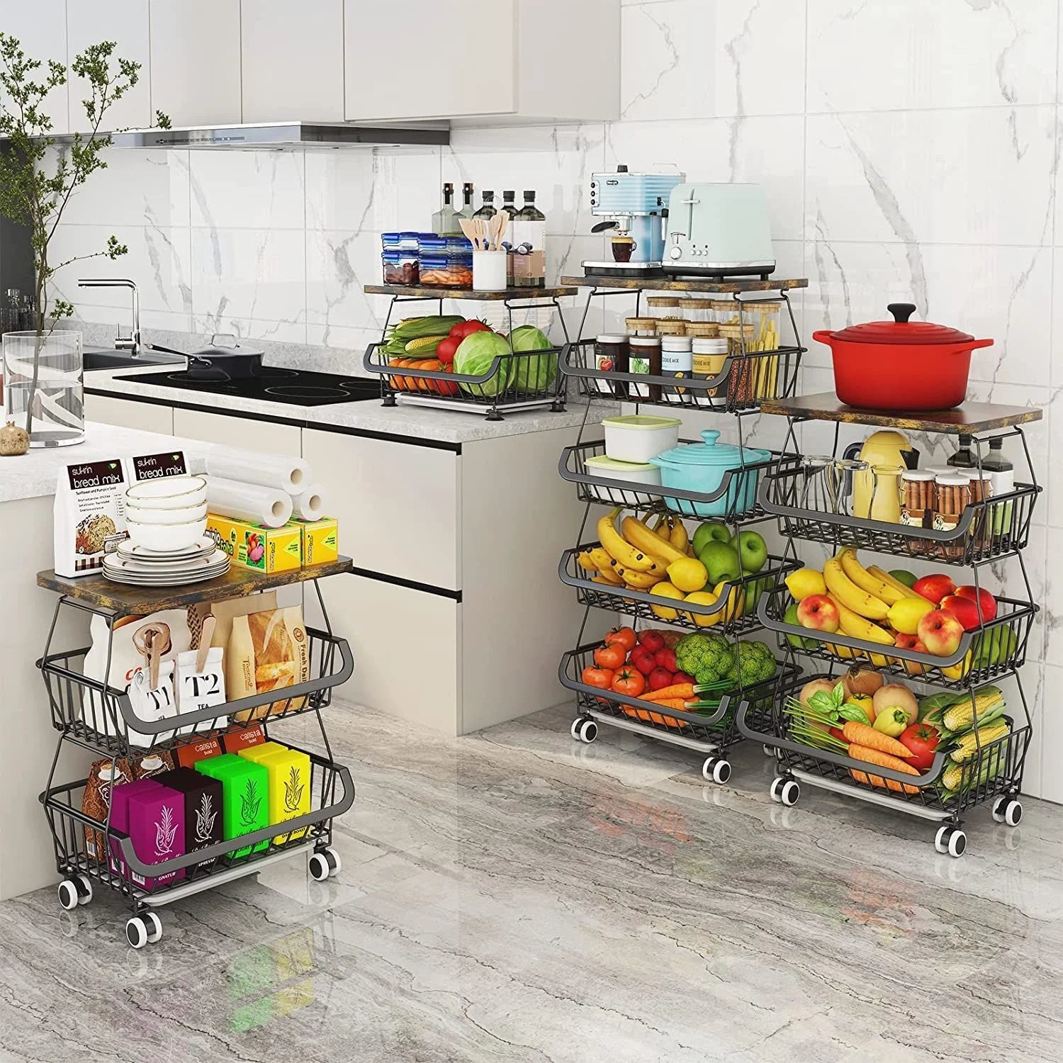 4 Tier Fruit Vegetable Cart with Solid Wood and Rollers Z88491