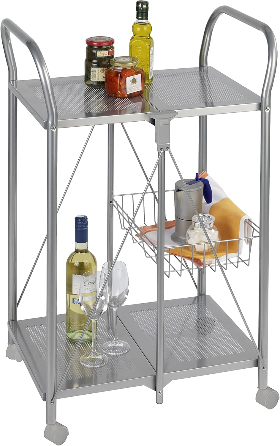 Foldable Utility Powder-Coated Metal Rolling Kitchen Cart, Silver Matt N718247