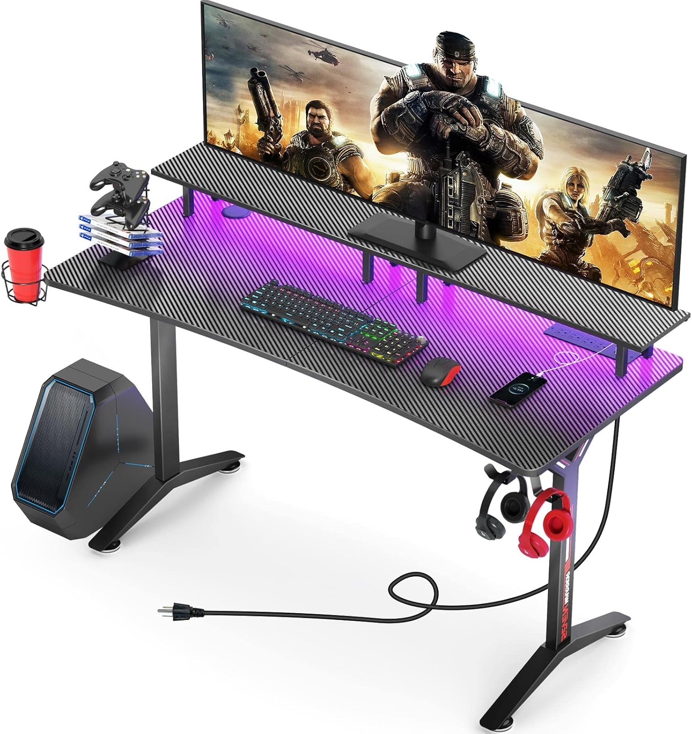 Gaming Desk with LED Strip & Power Outlets, Carbon Fiber Surface Computer Desk with Full Desk Mouse Pad E973605