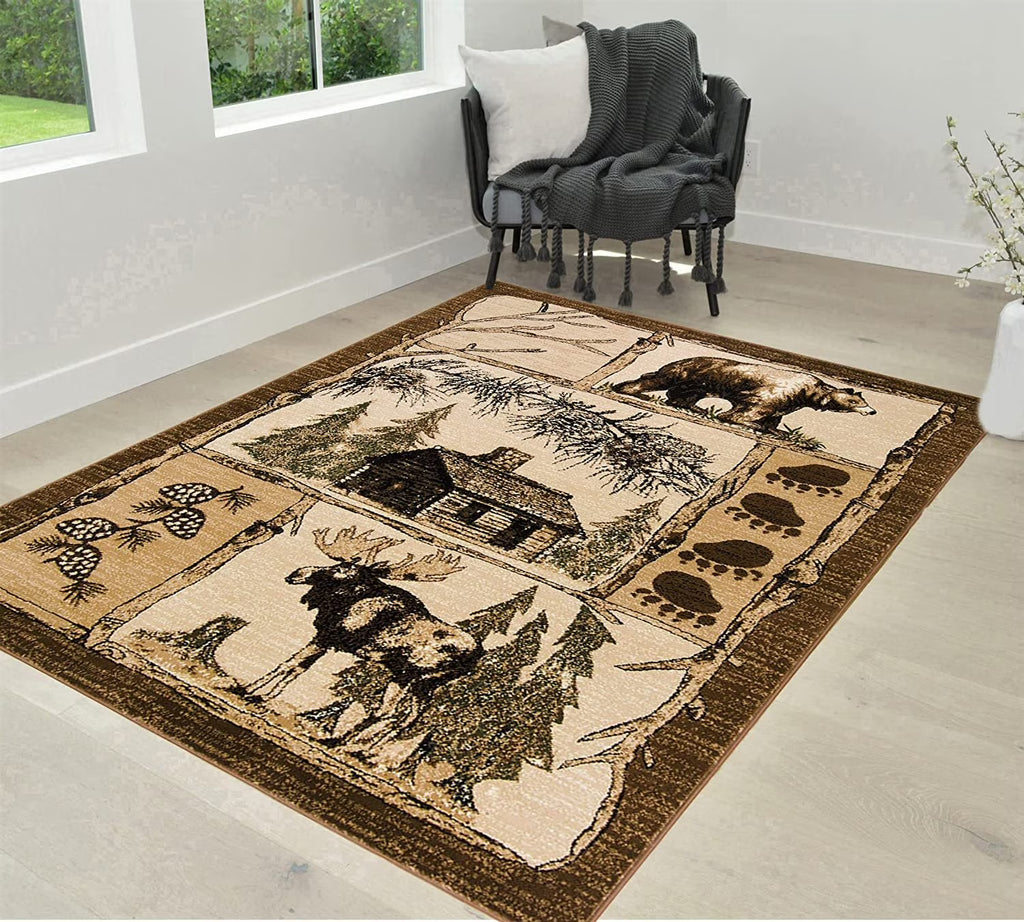 Rustic Cabin Moose and Lodge Theme Rug Brown Carpet L750