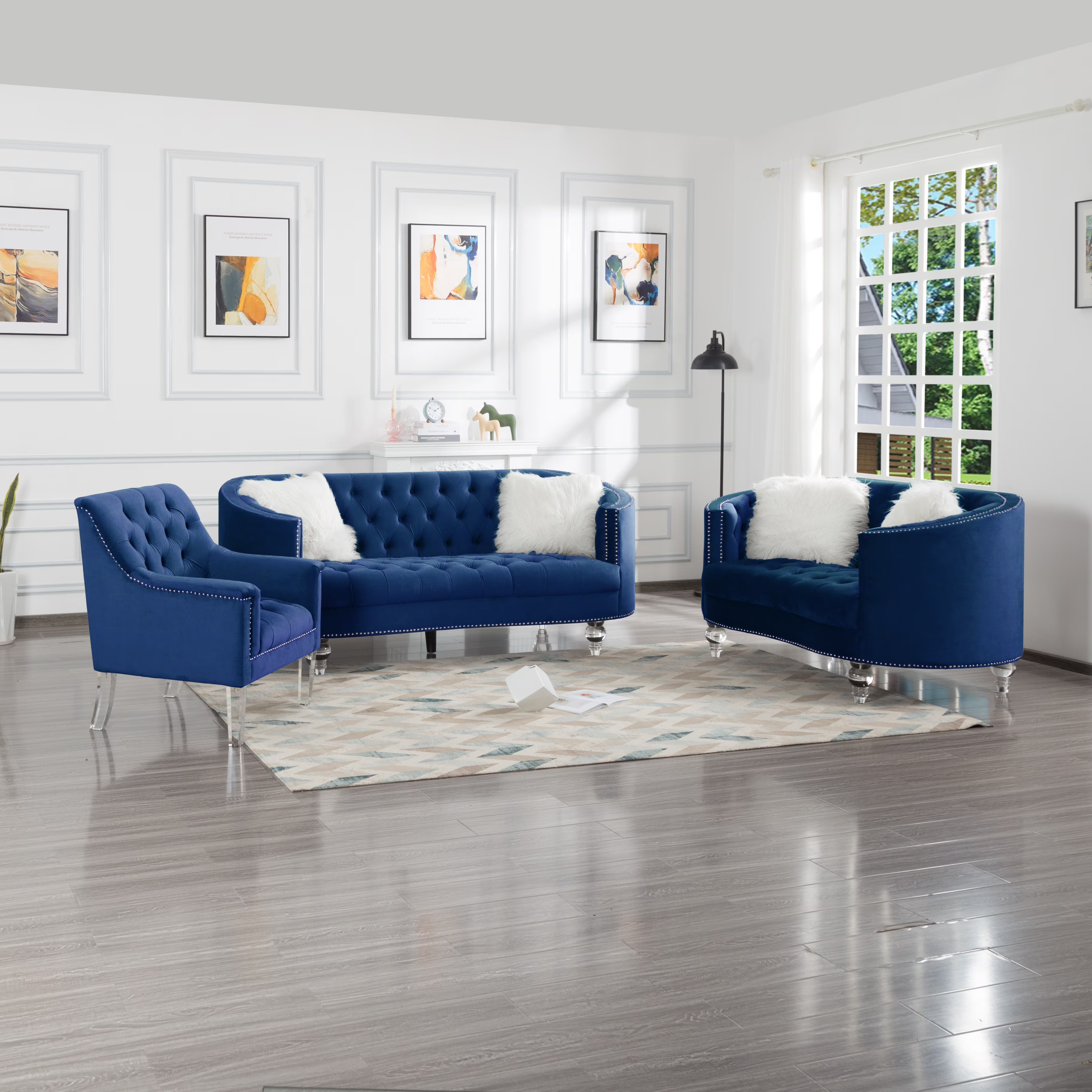 Navy Blue Velvet 3 Piece Living Room Set K594559