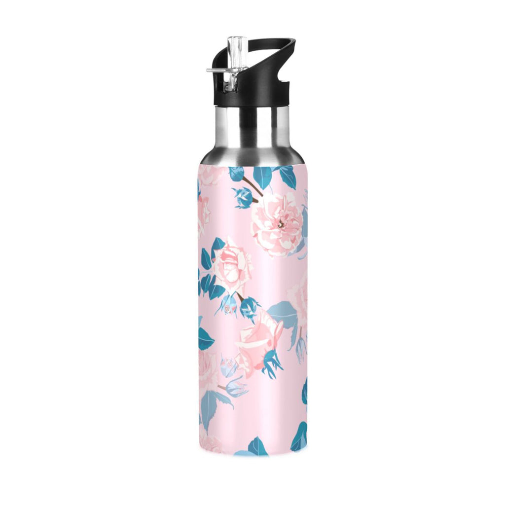 Pink Roses Flower Blue Stainless Steel Insulated Water Bottle with Straw Lid W9318