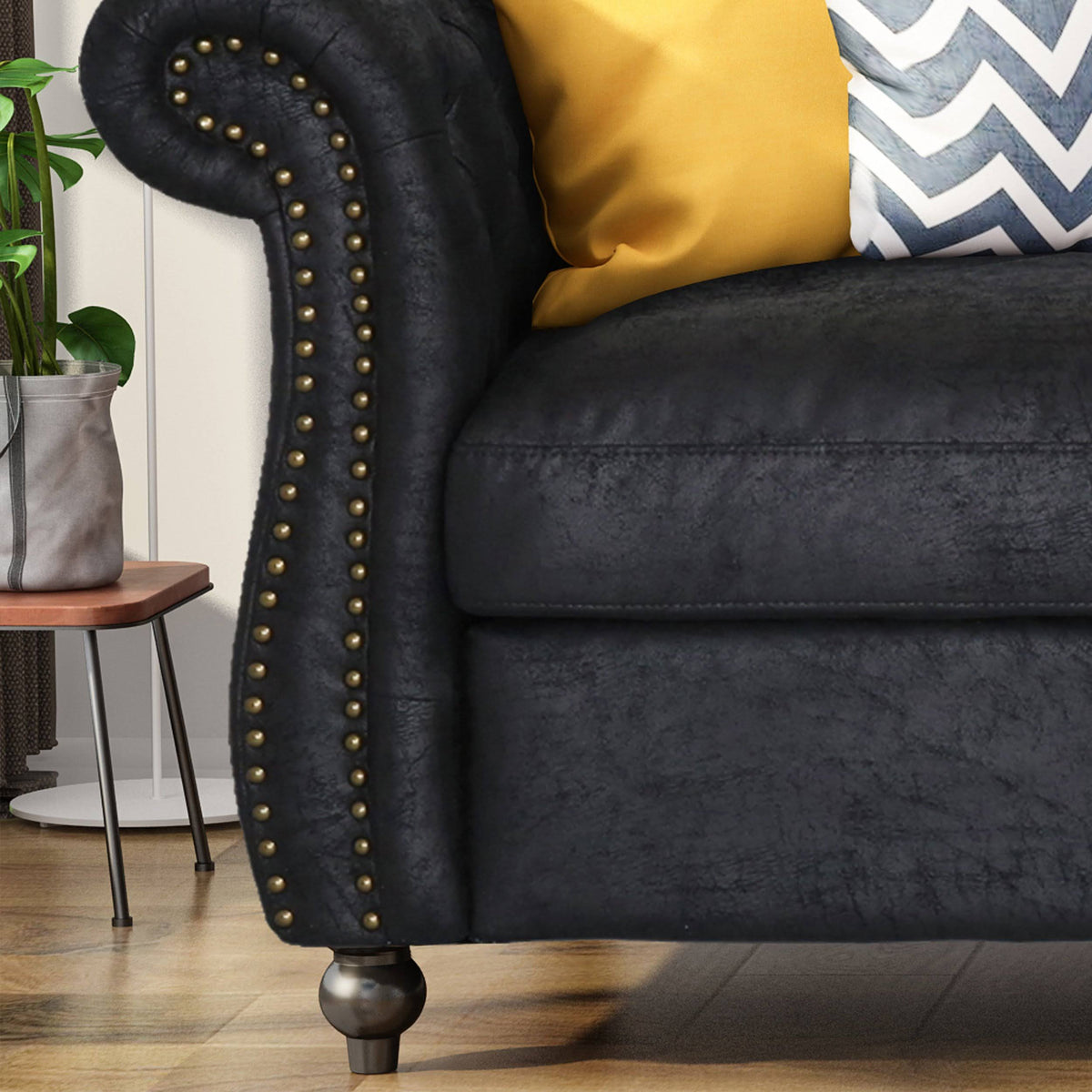 Black Chesterfield Tufted Microfiber Sofa with Scroll Arms P1753