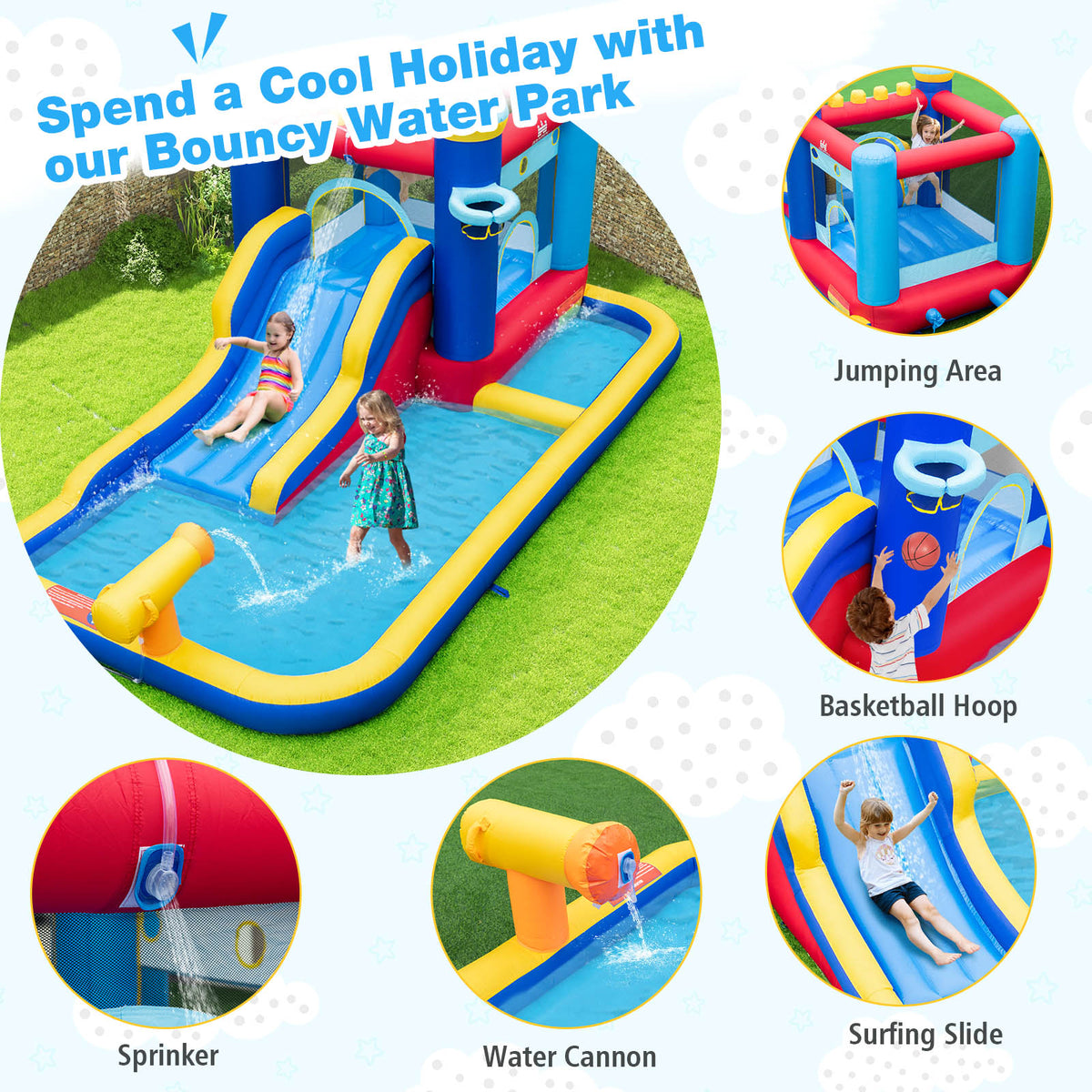 6-in-1 Inflatable Water Castle Bouncer with 50 Ocean Balls & 735W Blower Q2116