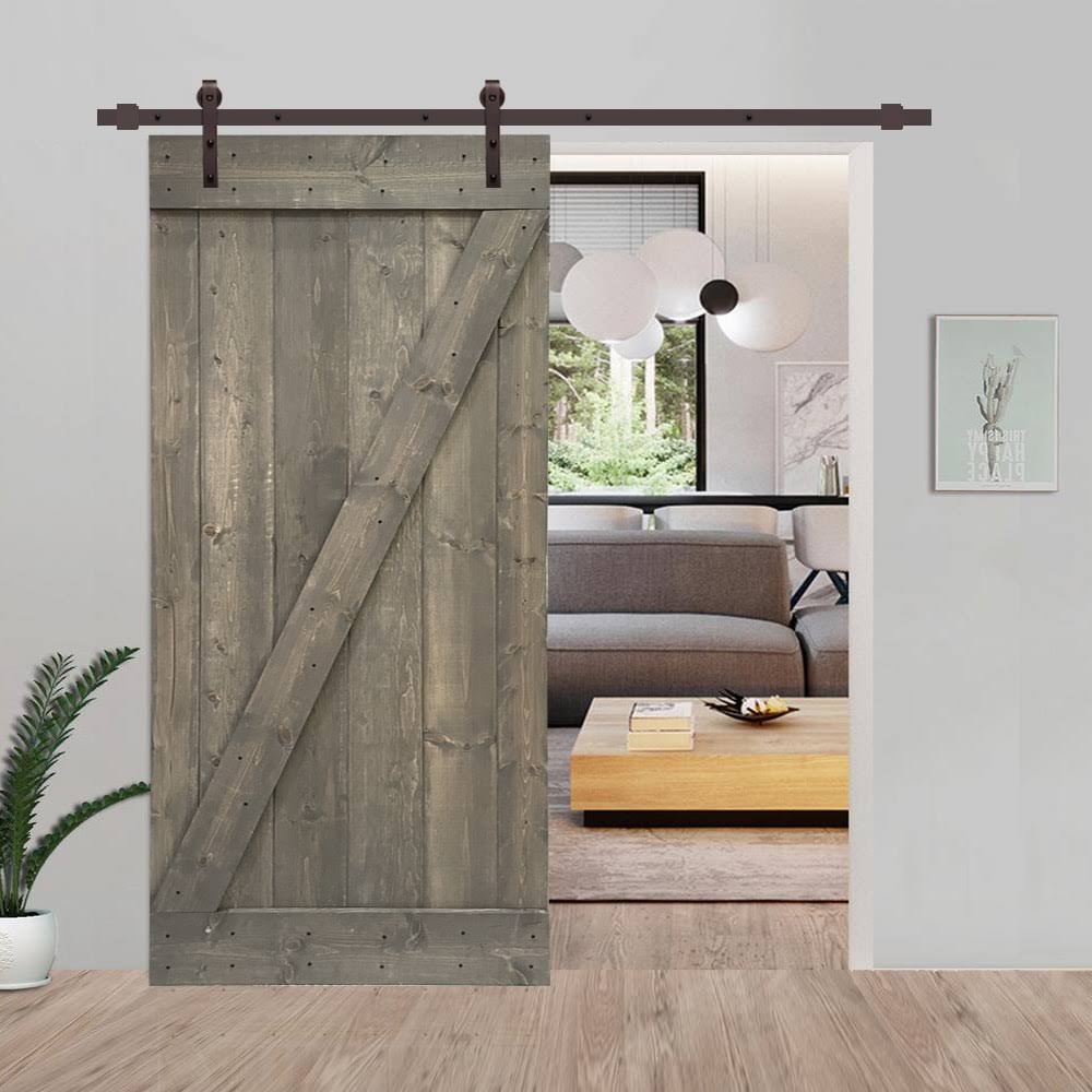 Weather Gray Solid Knotty Pine Wood Interior Sliding Barn Door with Hardware Kit C297