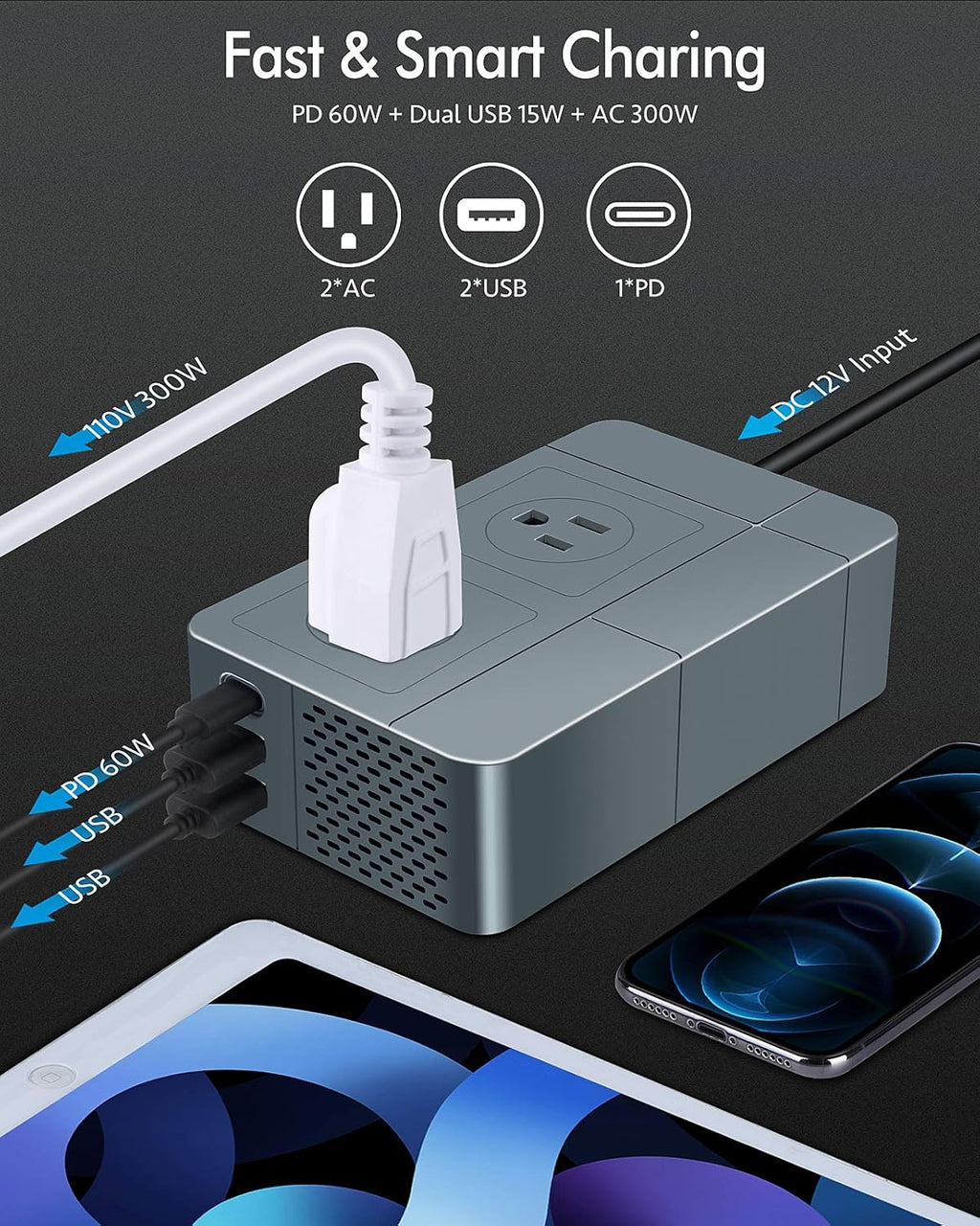 300W Power Inverter DC 12V to AC 110V Car Plug Adapter Outlet Pack of 2 T585818