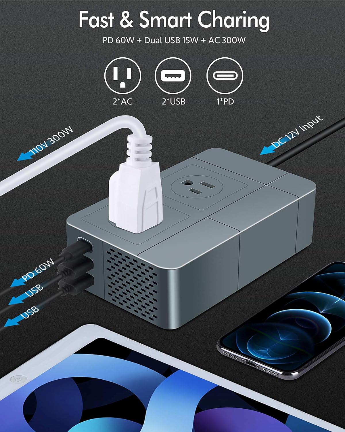 300W Power Inverter DC 12V to AC 110V Car Plug Adapter Outlet Pack of 2 T585818
