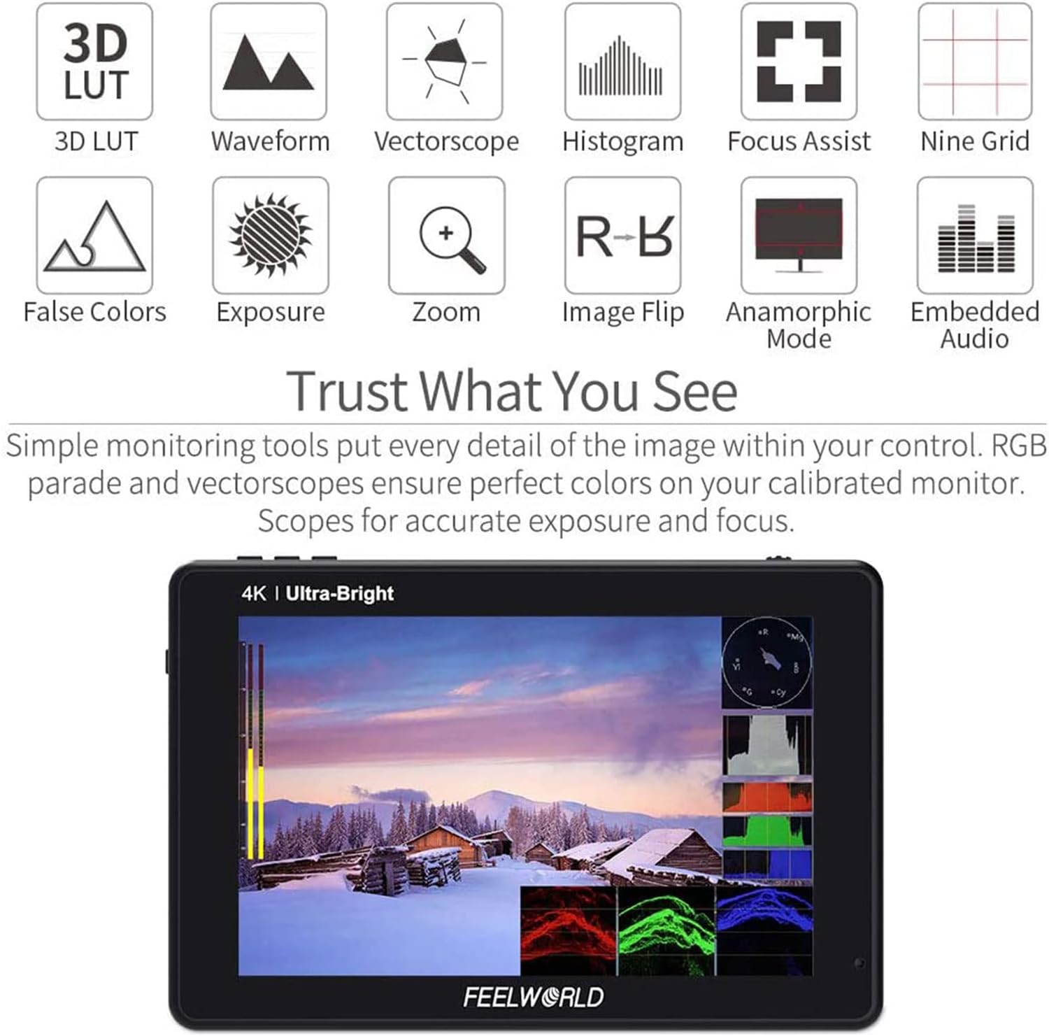 7 Inch 2200nits Touch Screen Camera Field Monitor with Waveform VectorScope 4K HDMI Input I774684