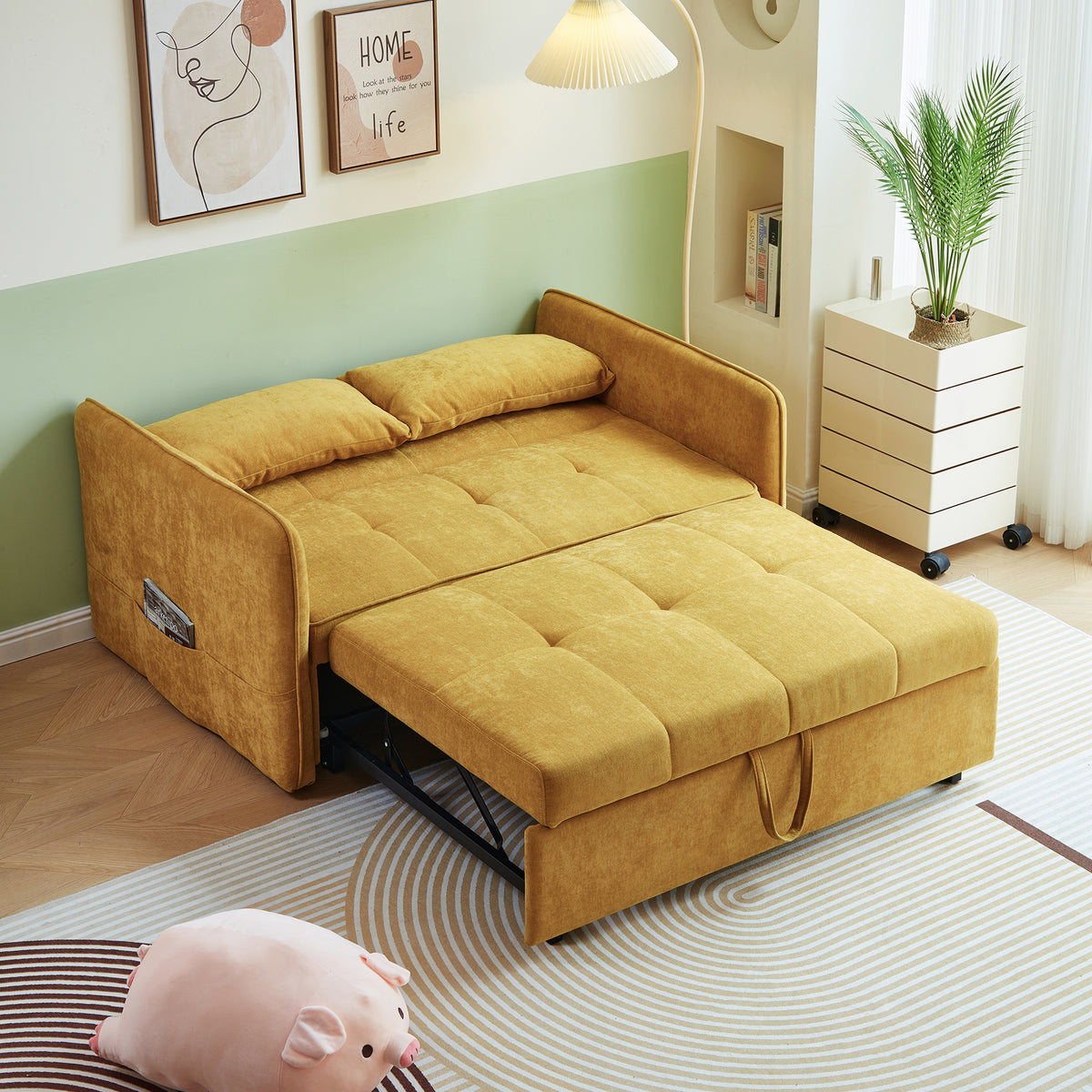 Yellow Chenille Sofa Bed with Adjustable Armrests X666