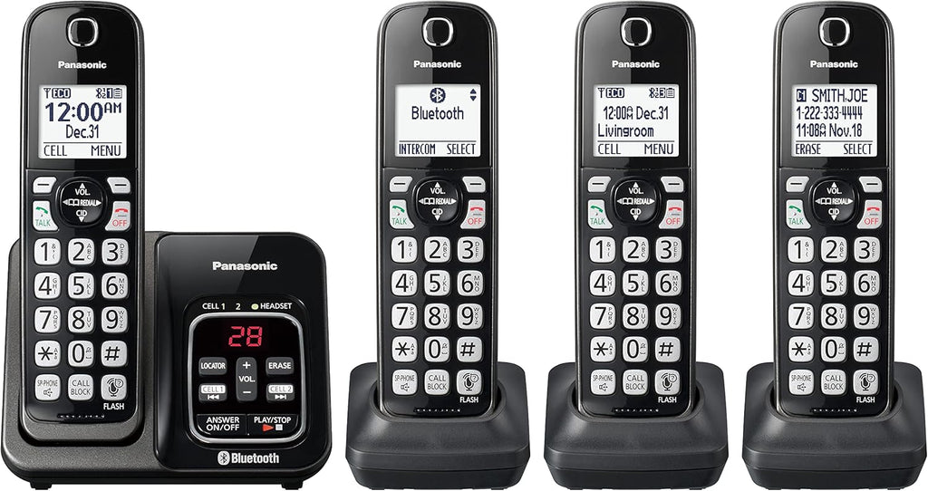 4 Cordless Handsets Expandable Cordless Phone System with Bluetooth, Answering Machine, Call Blocking - Metallic Black D8984