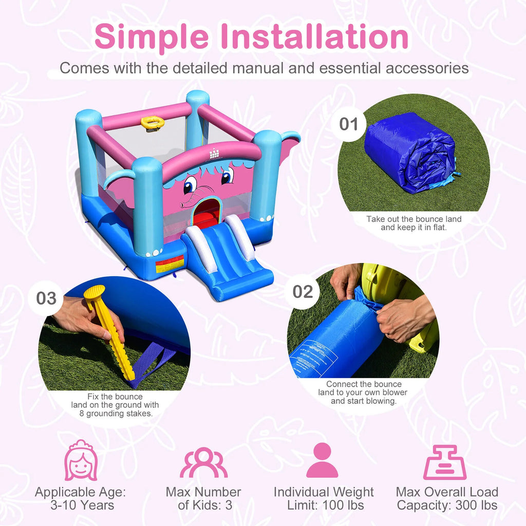 Inflatable Bounce House 3-in-1 Elephant Theme Castle with 750W Blower G14547