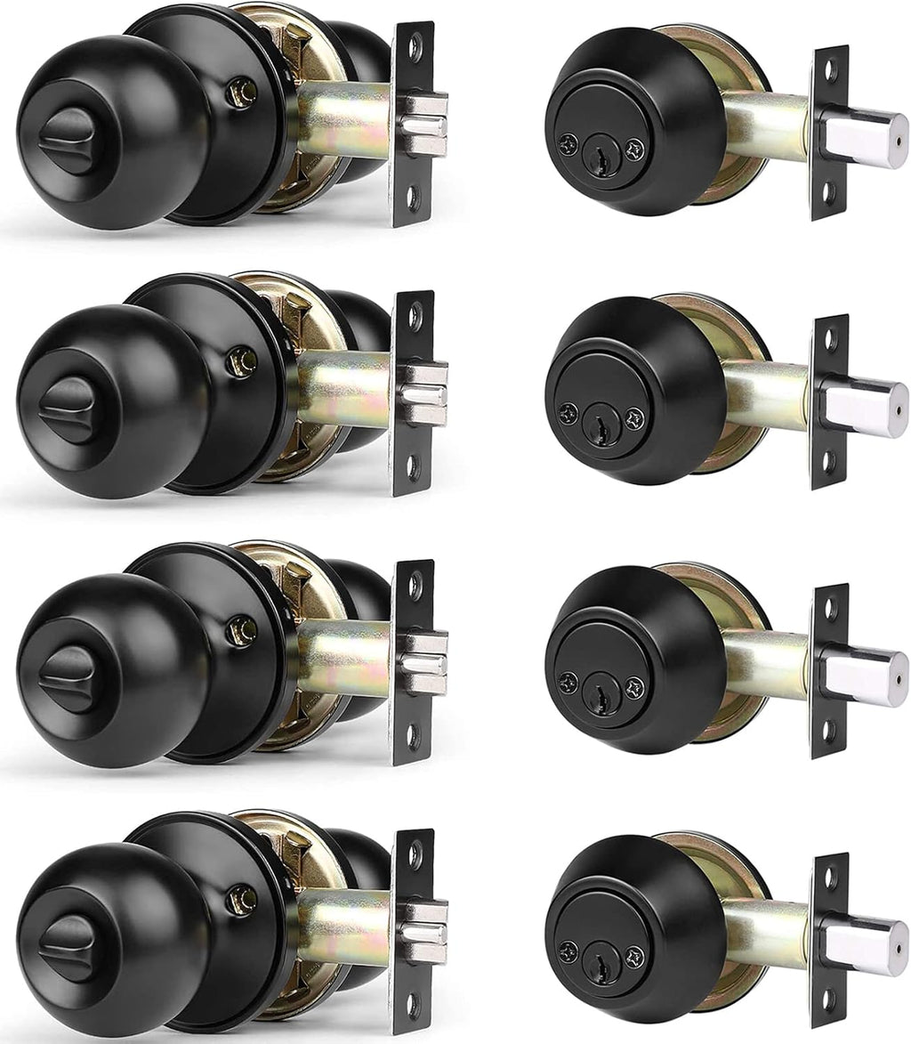 4 Pack Flat Black Entry Door Knob and Double Cylinder Deadbolt Combination Set Z6812