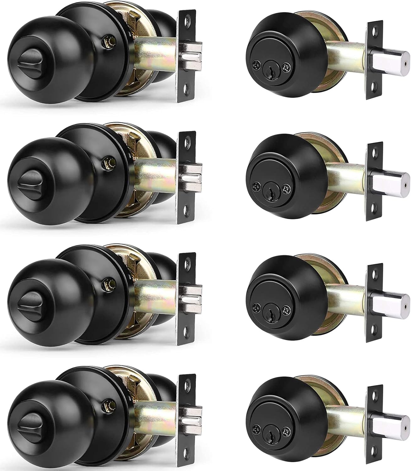4 Pack Flat Black Entry Door Knob and Double Cylinder Deadbolt Combination Set Z6812