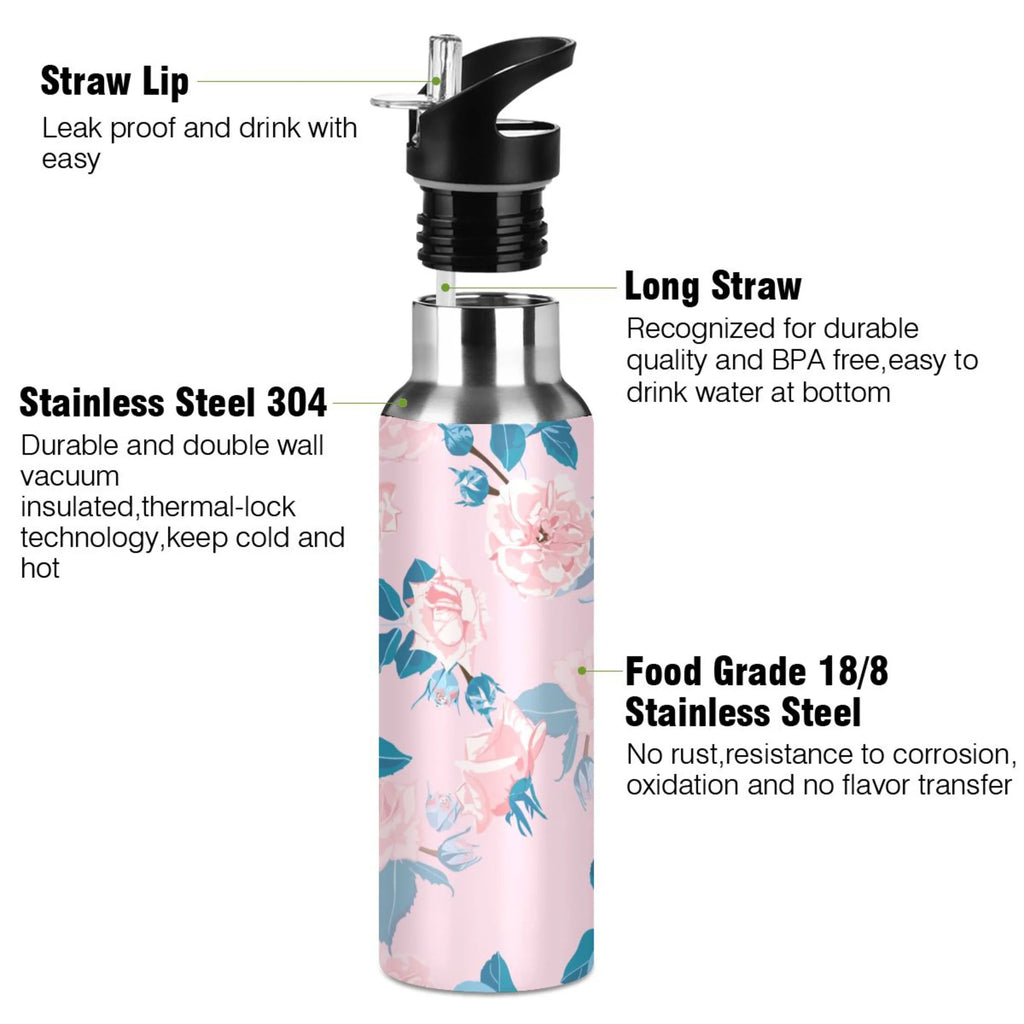Pink Roses Flower Blue Stainless Steel Insulated Water Bottle with Straw Lid W9318